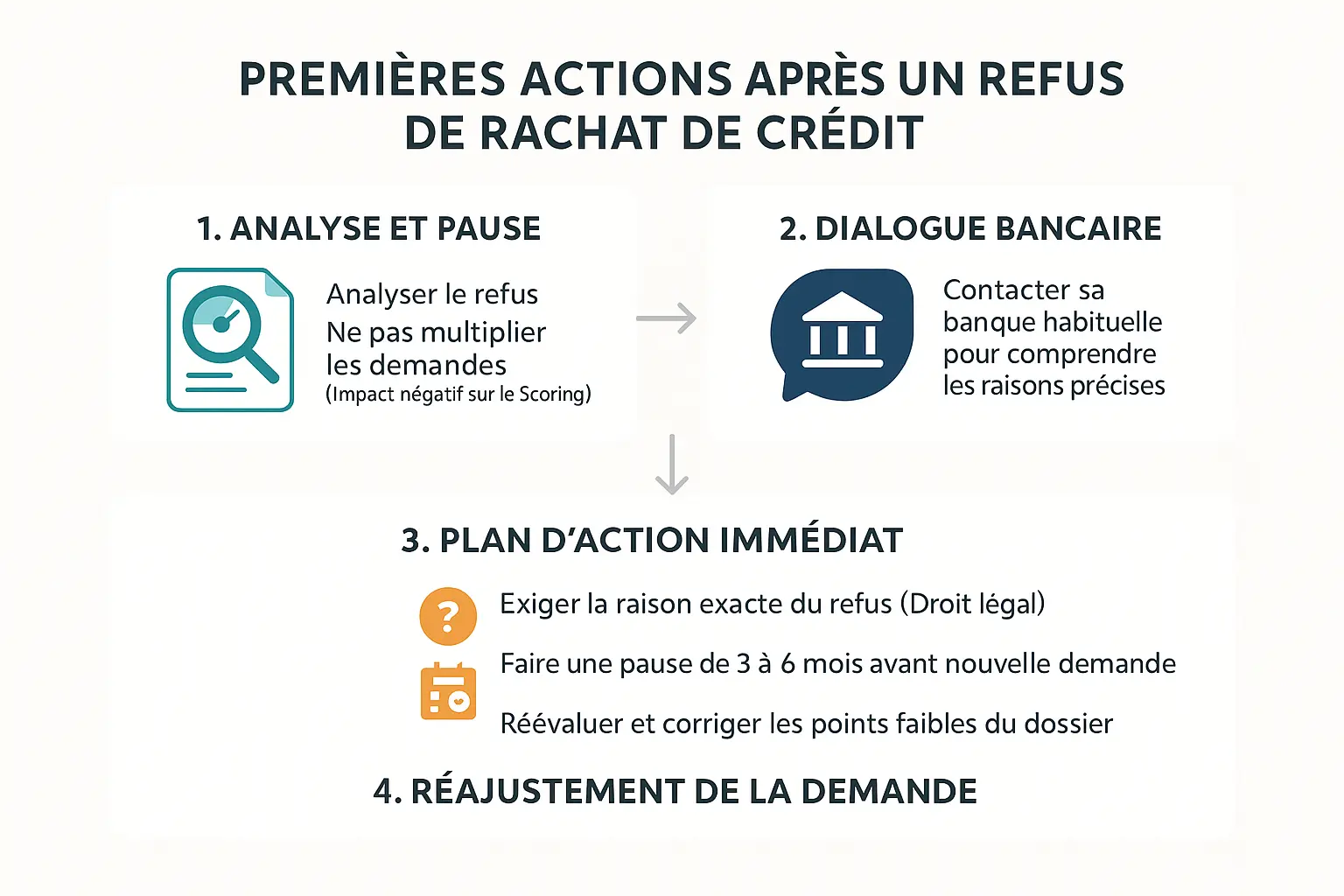 Illustration des étapes à suivre après un refus de rachat de crédit