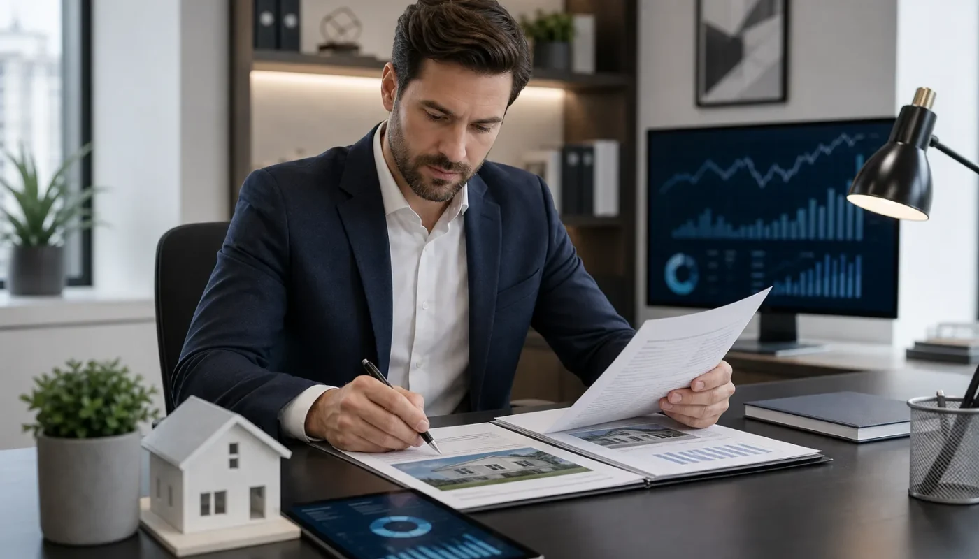 Banque et dossier de prêt immobilier avec documents et graphiques