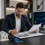 Banque et dossier de prêt immobilier avec documents et graphiques