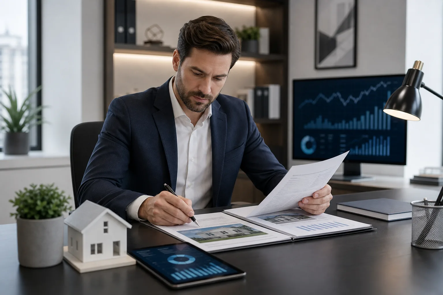 Banque et dossier de prêt immobilier avec documents et graphiques