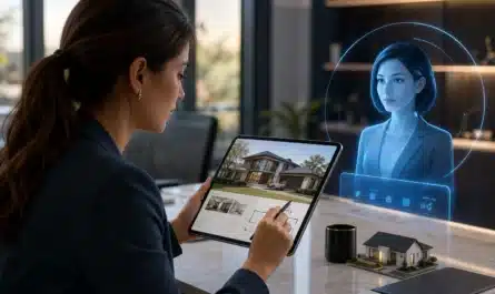 Consultation entre professionnel et agent IA pour négociation crédit immobilier