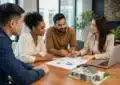 Couple d'investisseurs discutant options d'emprunt immobilier sécuritaire