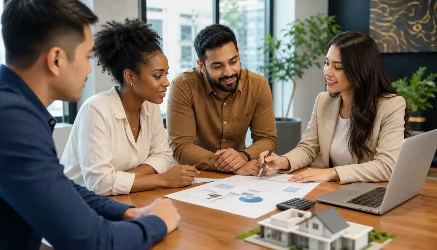 Couple d'investisseurs discutant options d'emprunt immobilier sécuritaire