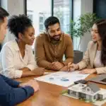 Couple d'investisseurs discutant options d'emprunt immobilier sécuritaire