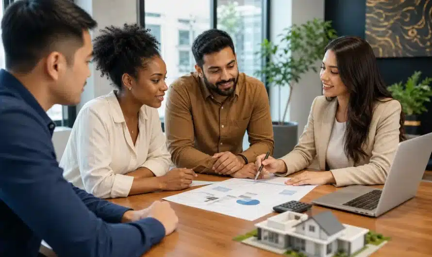 Couple d'investisseurs discutant options d'emprunt immobilier sécuritaire