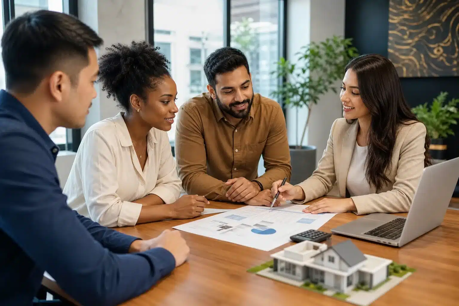 Couple d'investisseurs discutant options d'emprunt immobilier sécuritaire