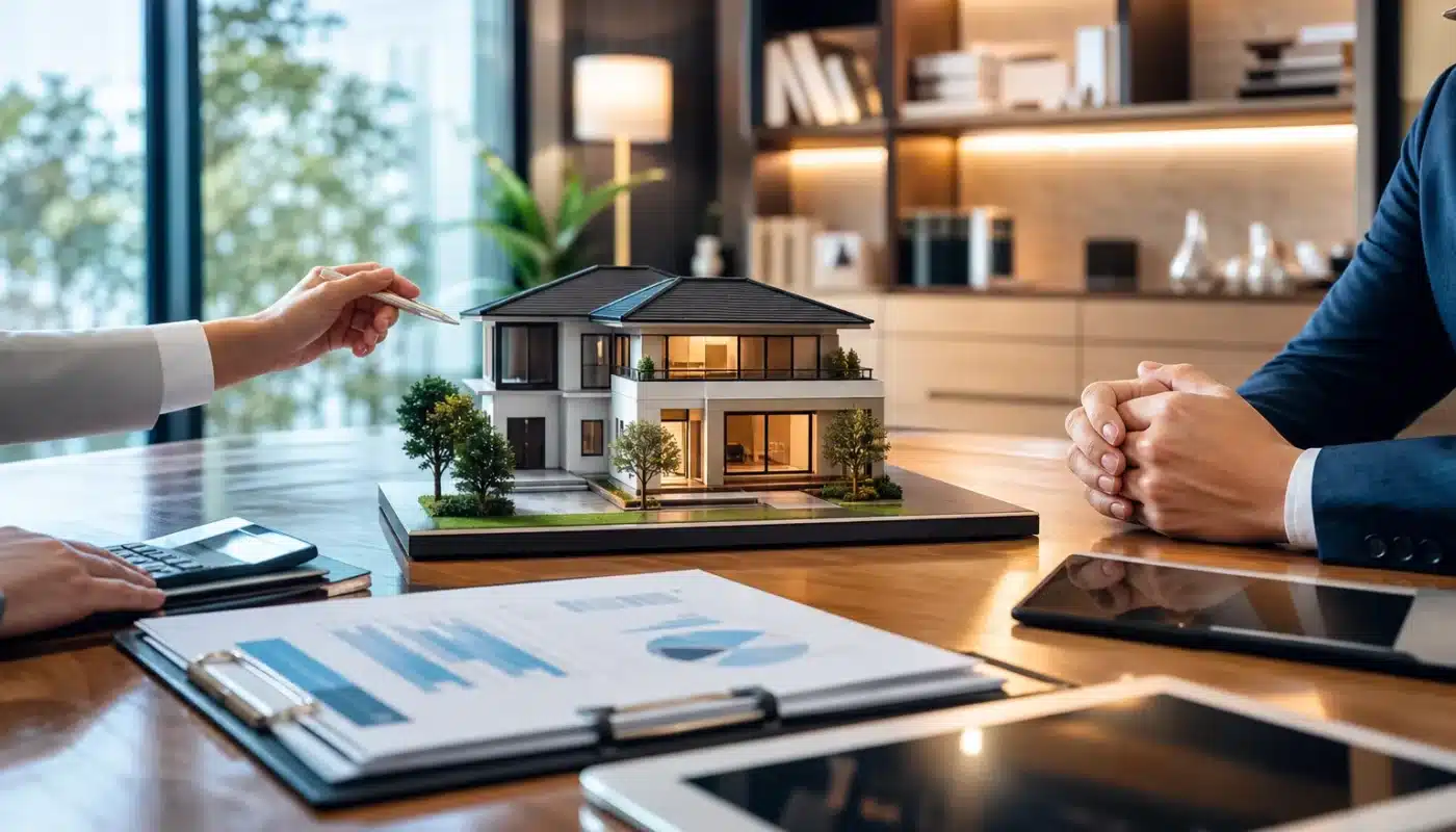 Financement immobilier prêt relais avec documents et calculs financiers