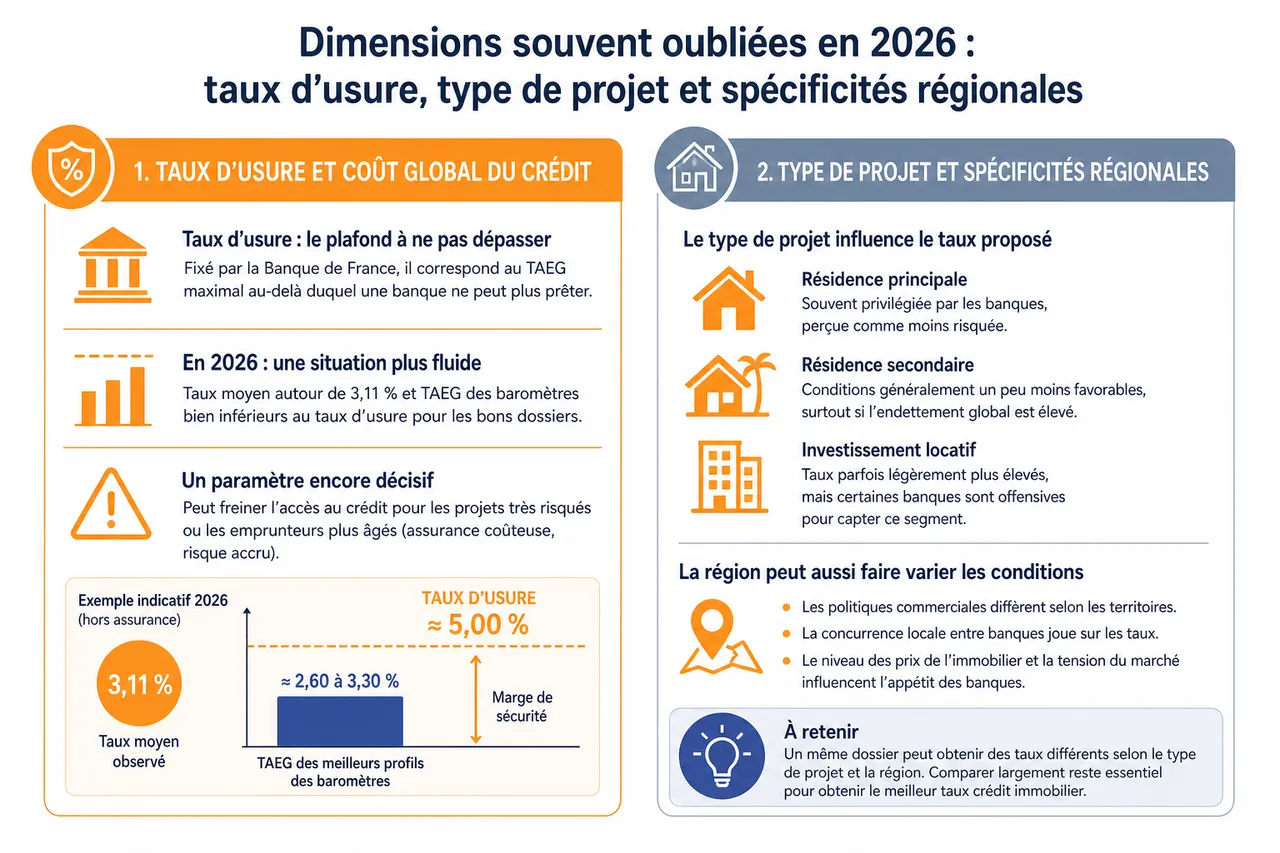 Taux de crédit immobilier en 2026 : comment obtenir le meilleur taux pour votre projet ? , Dimensions souvent oubliées : taux d’usure, type de projet et spécificités régionales