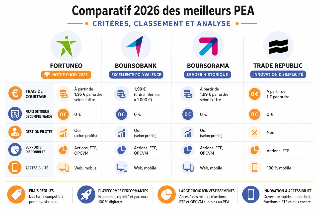 PEA: notre classement des meilleures offres pour investir en bourse , Comparatif 2026 des meilleurs PEA: critères, classement et analyse