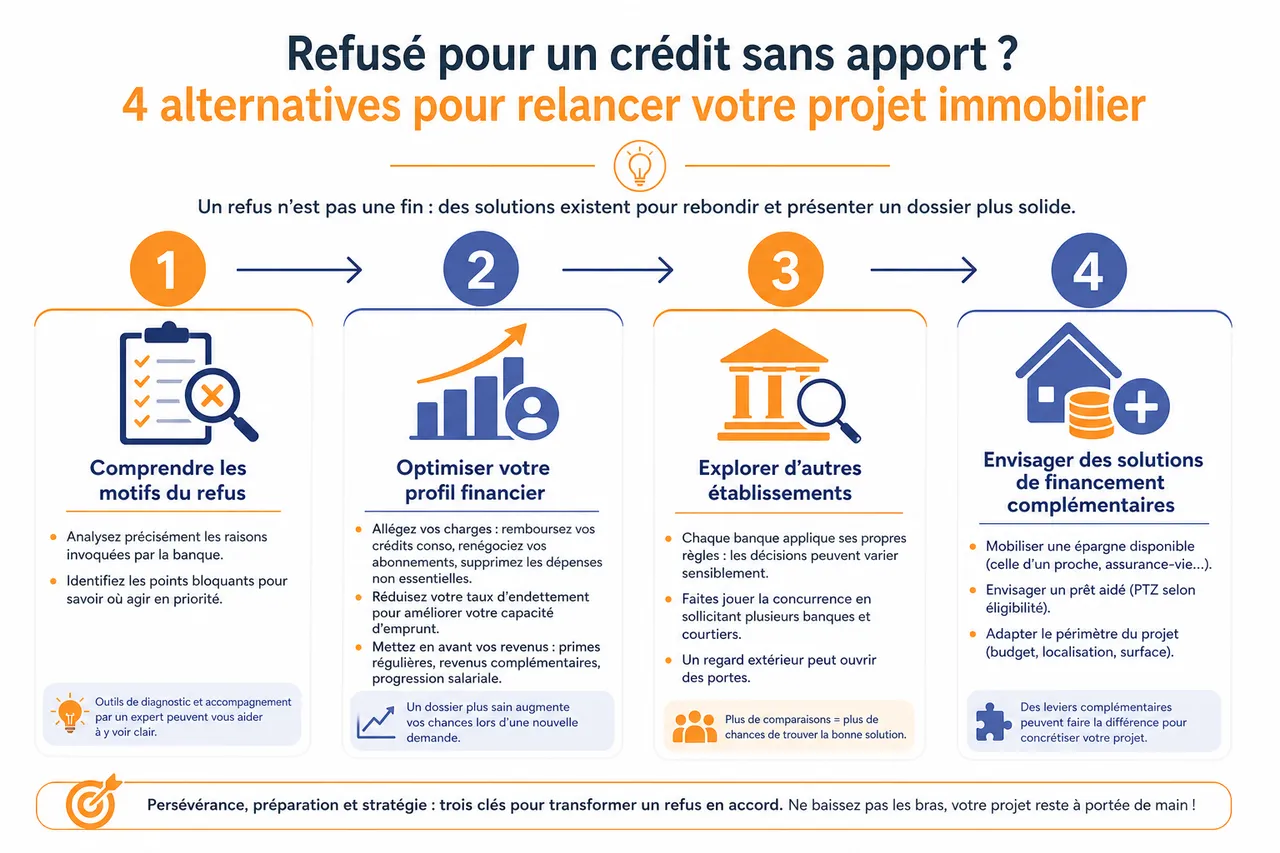 Crédit immobilier sans apport en 2026 est-ce encore possible et à quelles conditions? , Quelles alternatives si le crédit sans apport est refusé?