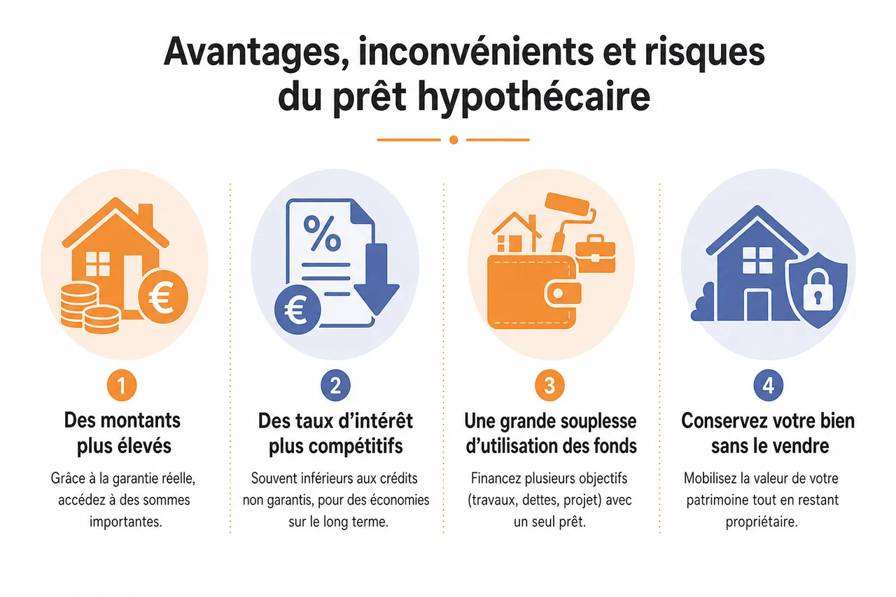 Prêt hypothécaire: définition, avantages et étapes pour l'obtenir , Avantages, inconvénients et risques du prêt hypothécaire