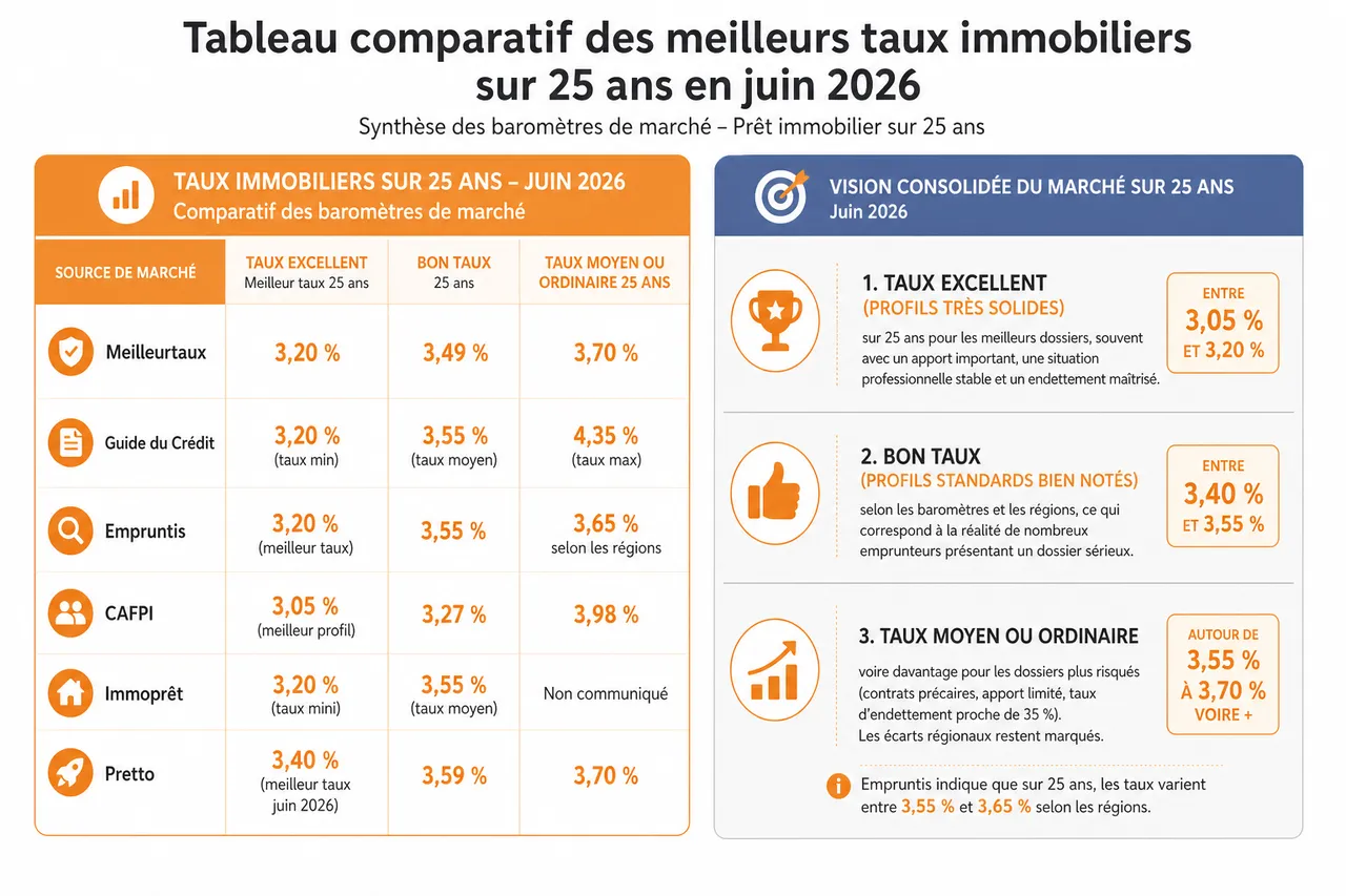 Crédit immobilier 25 ans: comment obtenir le meilleur taux en 2026? , Tableau comparatif des meilleurs taux immobiliers sur 25 ans en juin 2026