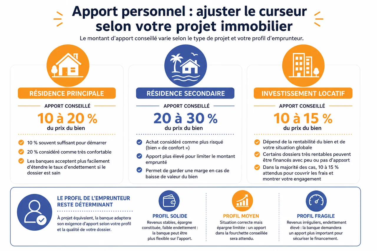 Apport personnel pour un achat immobilier, combien prévoir sans mettre en danger votre épargne? , Apport personnel, type de projet et profil: ajuster le curseur au bon endroit