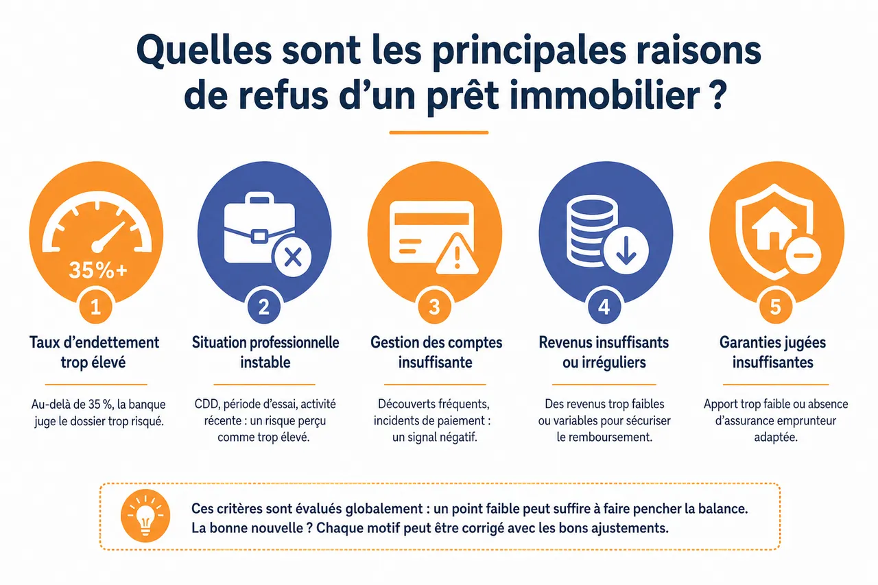 Refus de prêt immobilier, 7 raisons fréquentes et comment corriger le tir? , Quelles sont les principales raisons de refus d’un prêt immobilier?