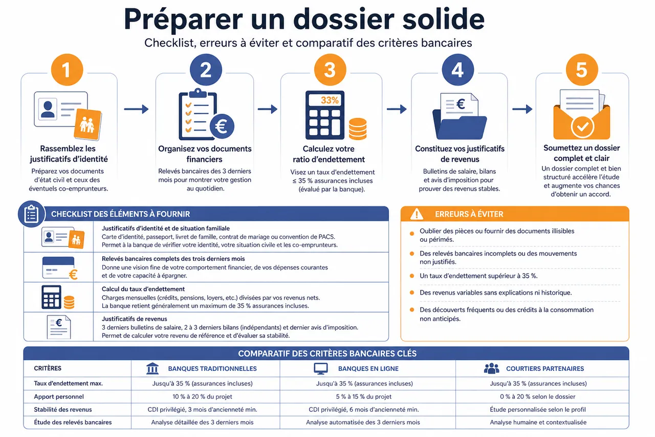 Refus de prêt immobilier, 7 raisons fréquentes et comment corriger le tir? , Préparer un dossier solide: checklist, erreurs à éviter et comparatif des critères bancaires