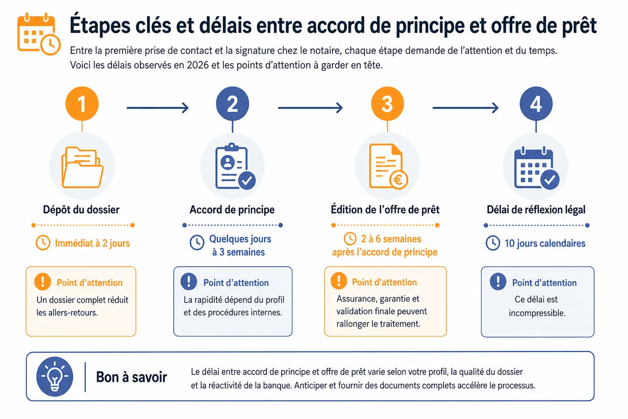 Délais d’un crédit immobilier du premier accord de principe à la signature chez le notaire , Étapes clés et délais entre accord de principe et offre de prêt