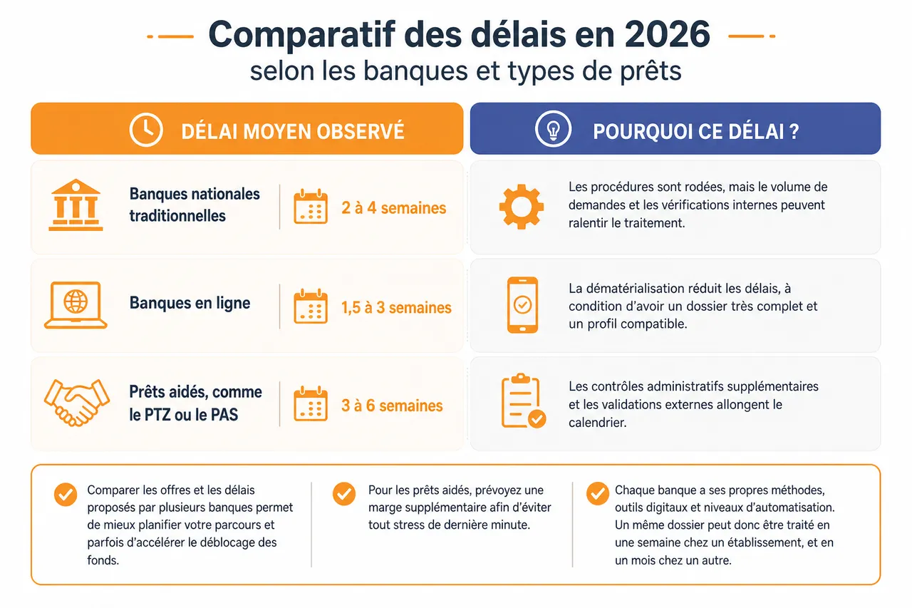 Délais d’un crédit immobilier du premier accord de principe à la signature chez le notaire , Comparatif des délais en 2026 selon les banques et types de prêts