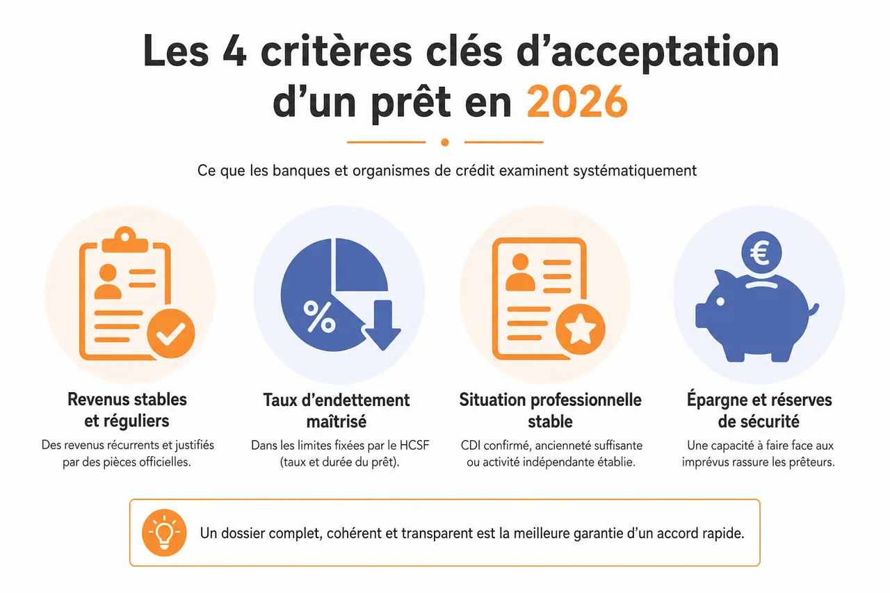 Banques et organismes de crédit: qui accepte le plus de dossiers en 2026? , Quels sont les critères d’acceptation d’un prêt en 2026?