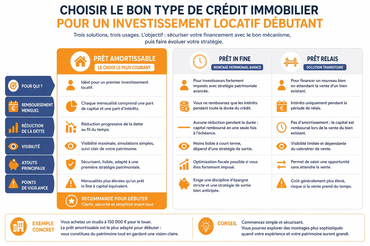 Financer son premier investissement locatif, comment monter un dossier solide auprès des banques , Choisir le bon type de crédit immobilier pour un investissement locatif débutant