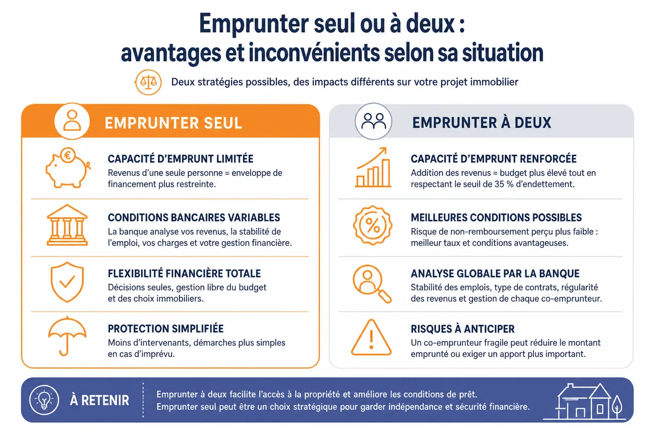Emprunter seul ou à deux pour un achat immobilier, que choisir pour limiter les risques? , Emprunter seul ou à deux: avantages et inconvénients selon sa situation