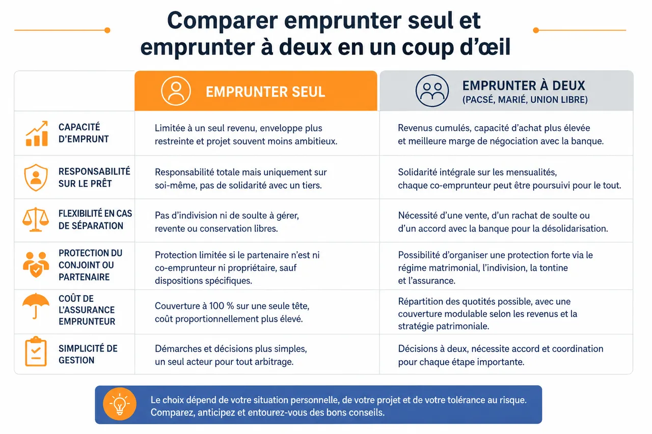 Emprunter seul ou à deux pour un achat immobilier, que choisir pour limiter les risques? , Comparer emprunter seul et emprunter à deux en un coup d’œil