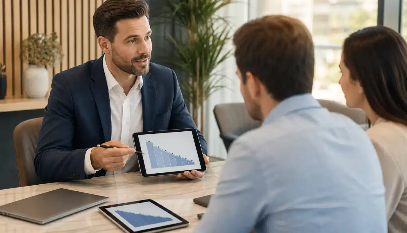Conseillers financiers analysant un plan de rachat de crédit immobilier