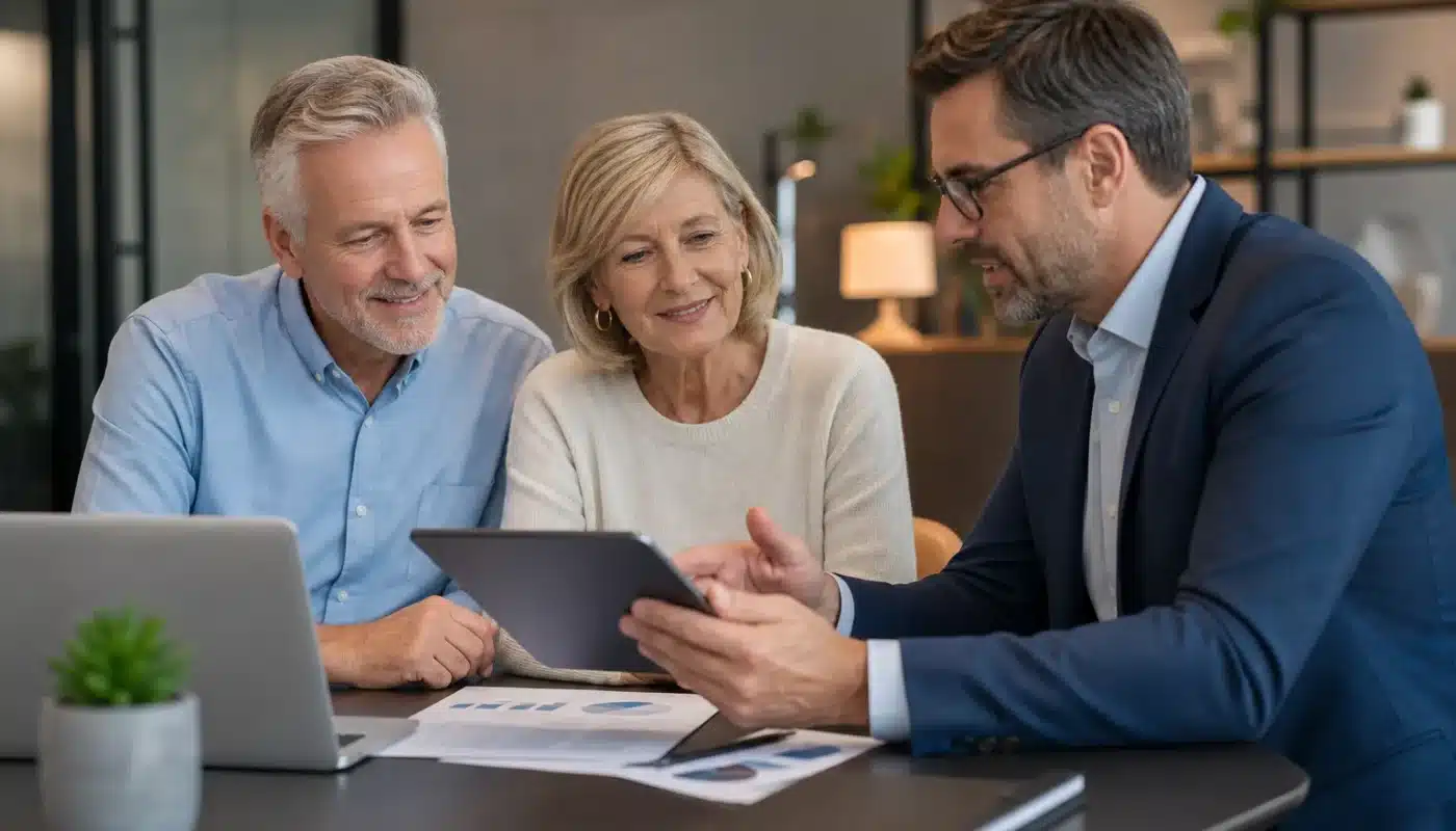 Seniors discutant d'un crédit immobilier après 60 ans