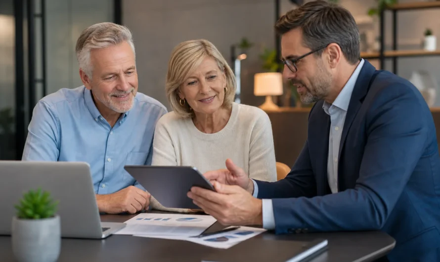 Seniors discutant d'un crédit immobilier après 60 ans