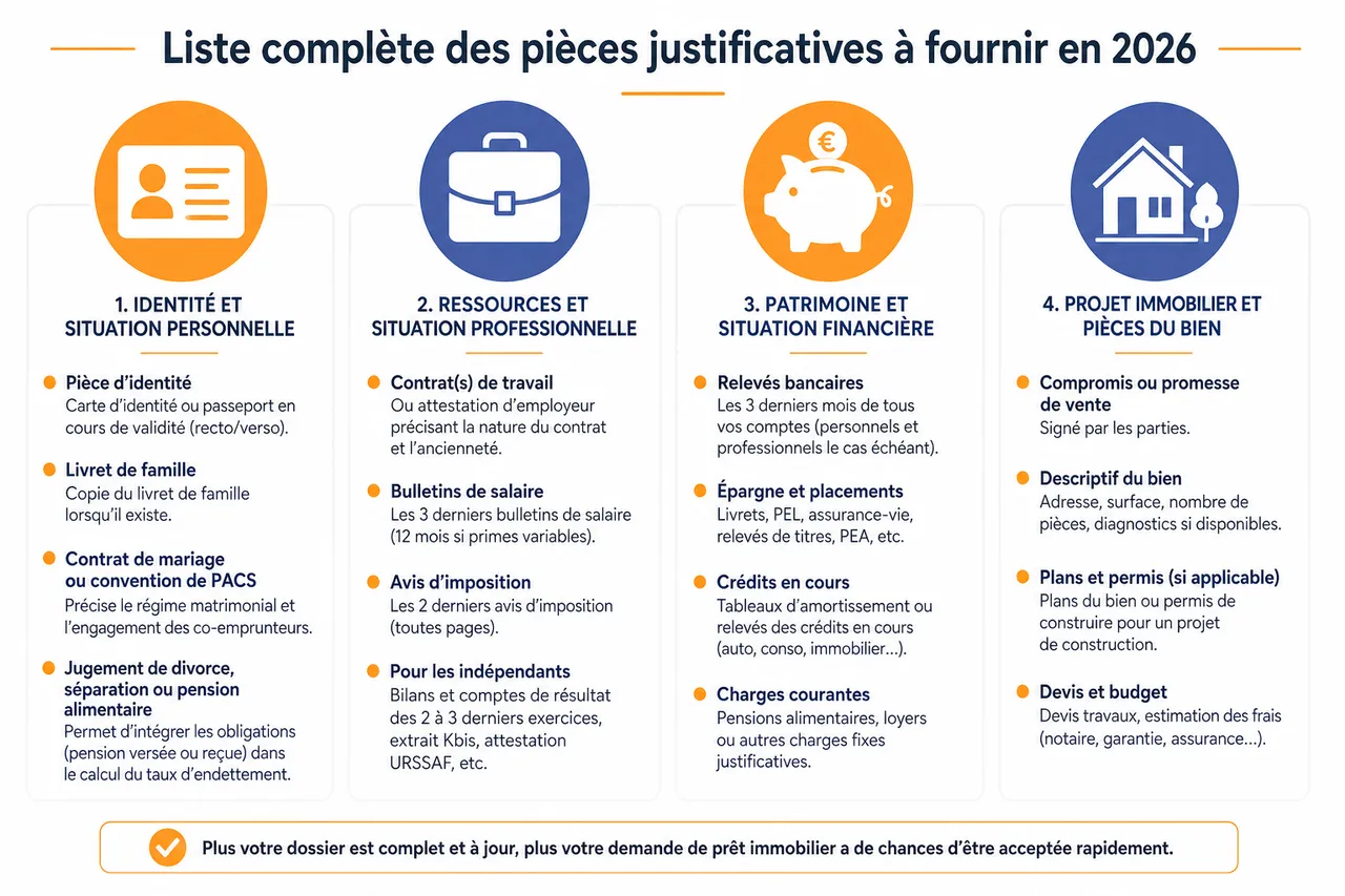 Dossier de prêt immobilier, la checklist des justificatifs à fournir (et ceux qu’on oublie toujours) , Liste complète des pièces justificatives à fournir en 2026