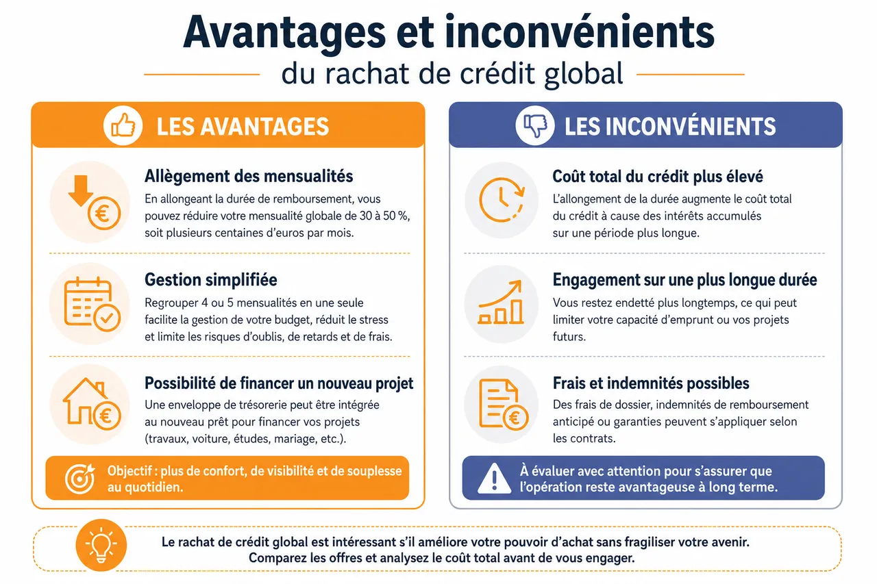 Regrouper crédit immobilier et crédits à la consommation, dans quels cas c’est vraiment intéressant? , Avantages et inconvénients du rachat de crédit global