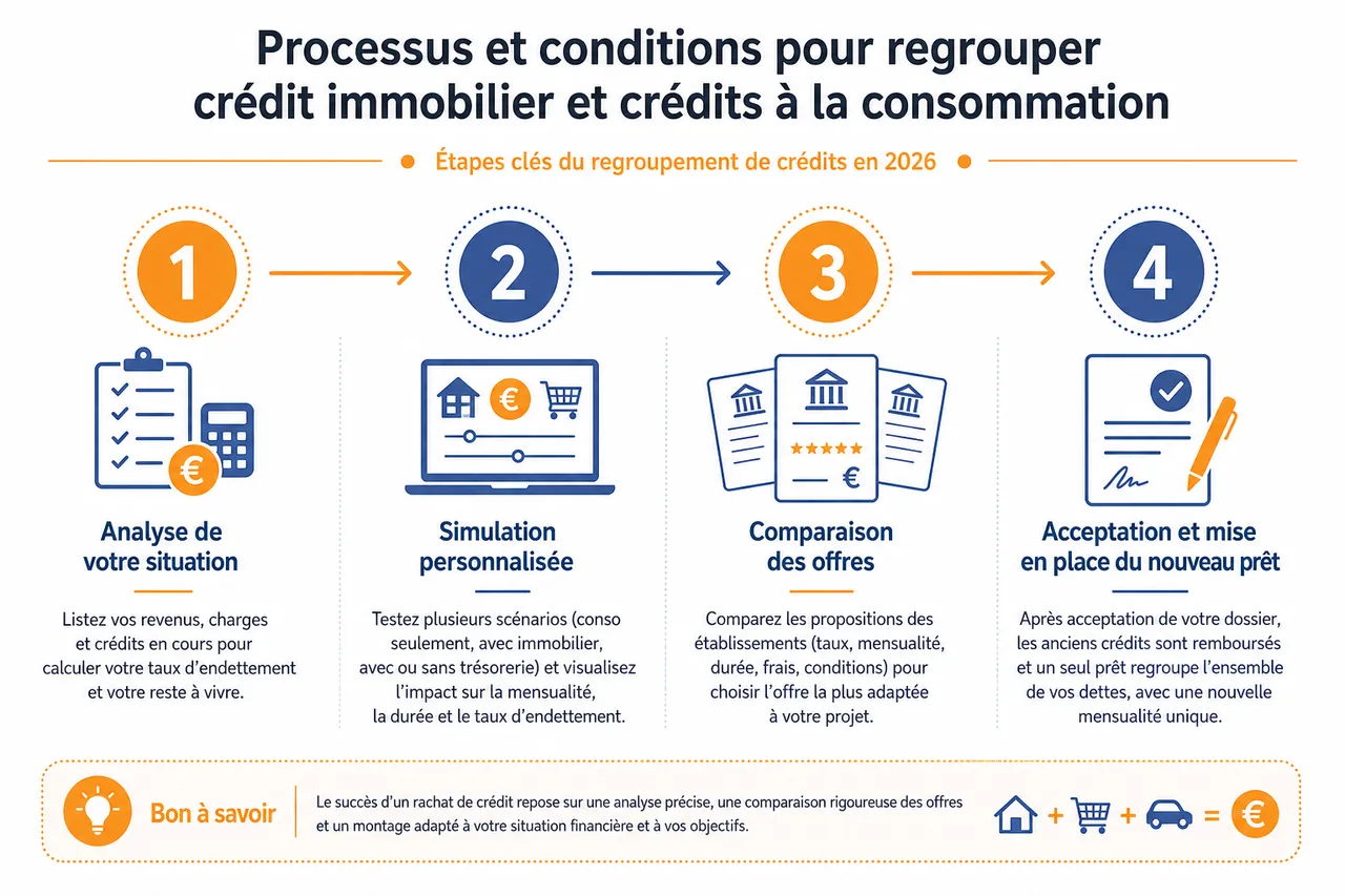 Regrouper crédit immobilier et crédits à la consommation, dans quels cas c’est vraiment intéressant? , Processus et conditions pour regrouper crédit immobilier et crédits à la consommation