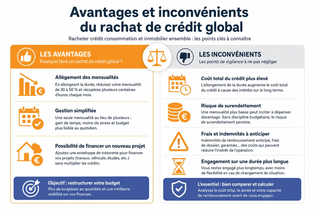Regrouper crédit immobilier et crédits à la consommation, dans quels cas c’est vraiment intéressant? , Avantages et inconvénients du rachat de crédit global