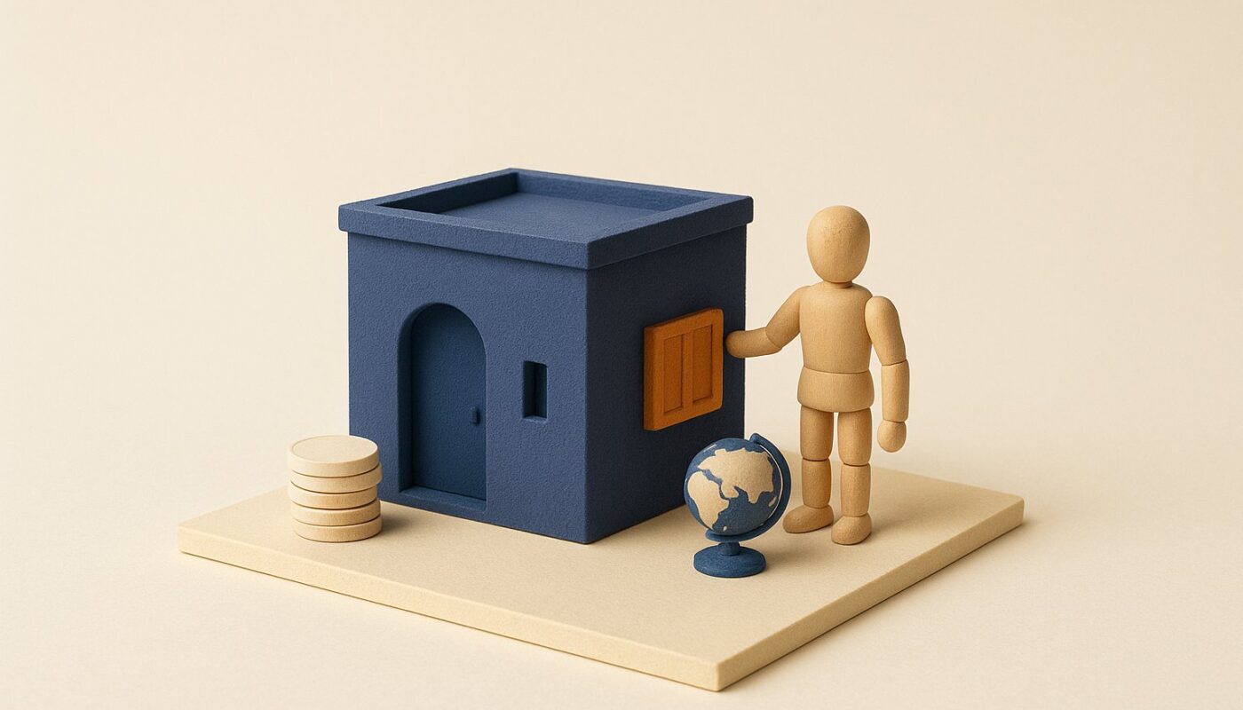 Maison miniature, globe et pile de pièces symbolisant l'achat immobilier en Algérie par un émigré