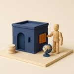 Maison miniature, globe et pile de pièces symbolisant l'achat immobilier en Algérie par un émigré
