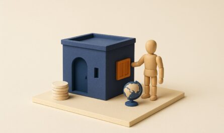 Maison miniature, globe et pile de pièces symbolisant l'achat immobilier en Algérie par un émigré