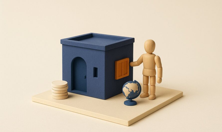 Maison miniature, globe et pile de pièces symbolisant l'achat immobilier en Algérie par un émigré