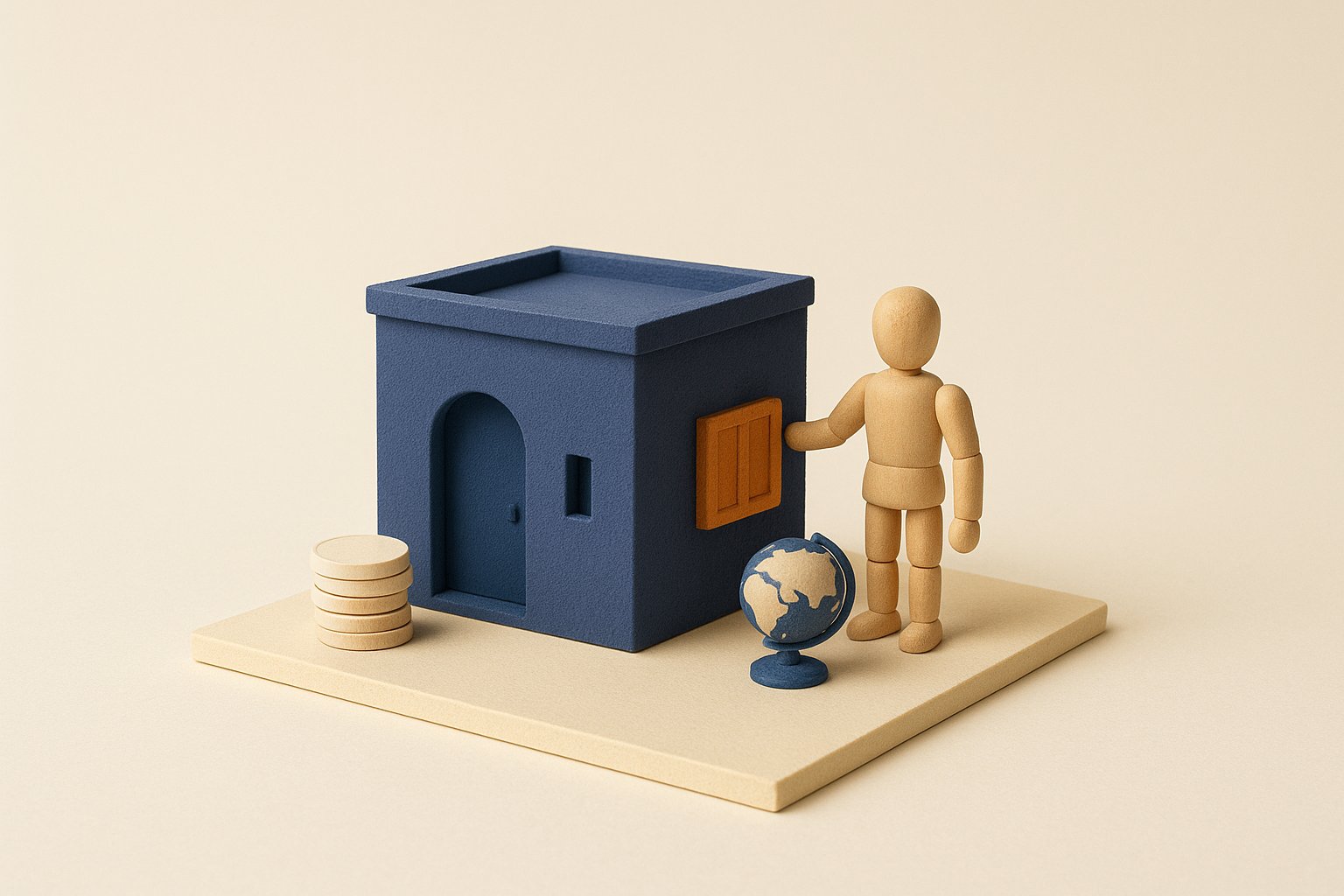 Maison miniature, globe et pile de pièces symbolisant l'achat immobilier en Algérie par un émigré