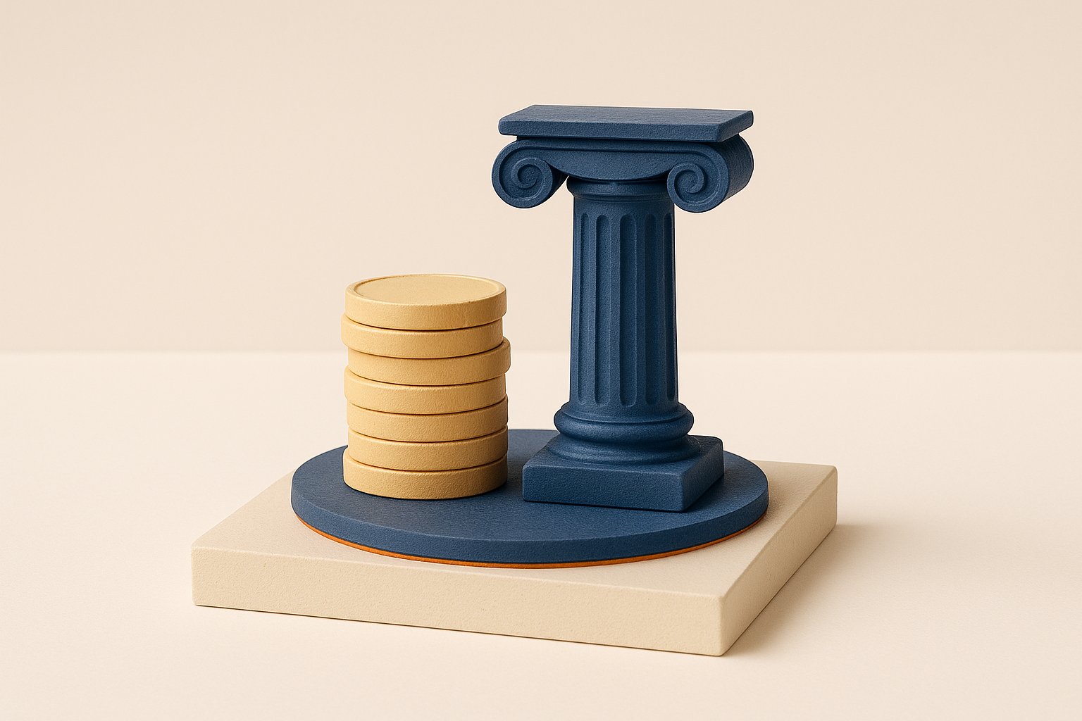 Diorama miniature : pile de pièces et colonne de tribunal sur un plateau, coût d'un avocat
