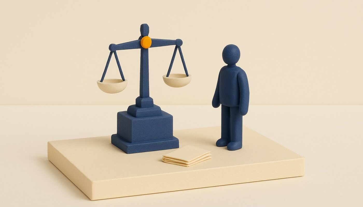 Maquette diorama d'une balance de justice indigo sur un socle avec des dossiers miniatures, illustration d'un avocat specialise en credit a la consommation