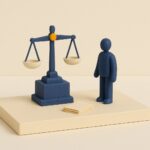 Maquette diorama d'une balance de justice indigo sur un socle avec des dossiers miniatures, illustration d'un avocat specialise en credit a la consommation