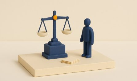 Maquette diorama d'une balance de justice indigo sur un socle avec des dossiers miniatures, illustration d'un avocat specialise en credit a la consommation