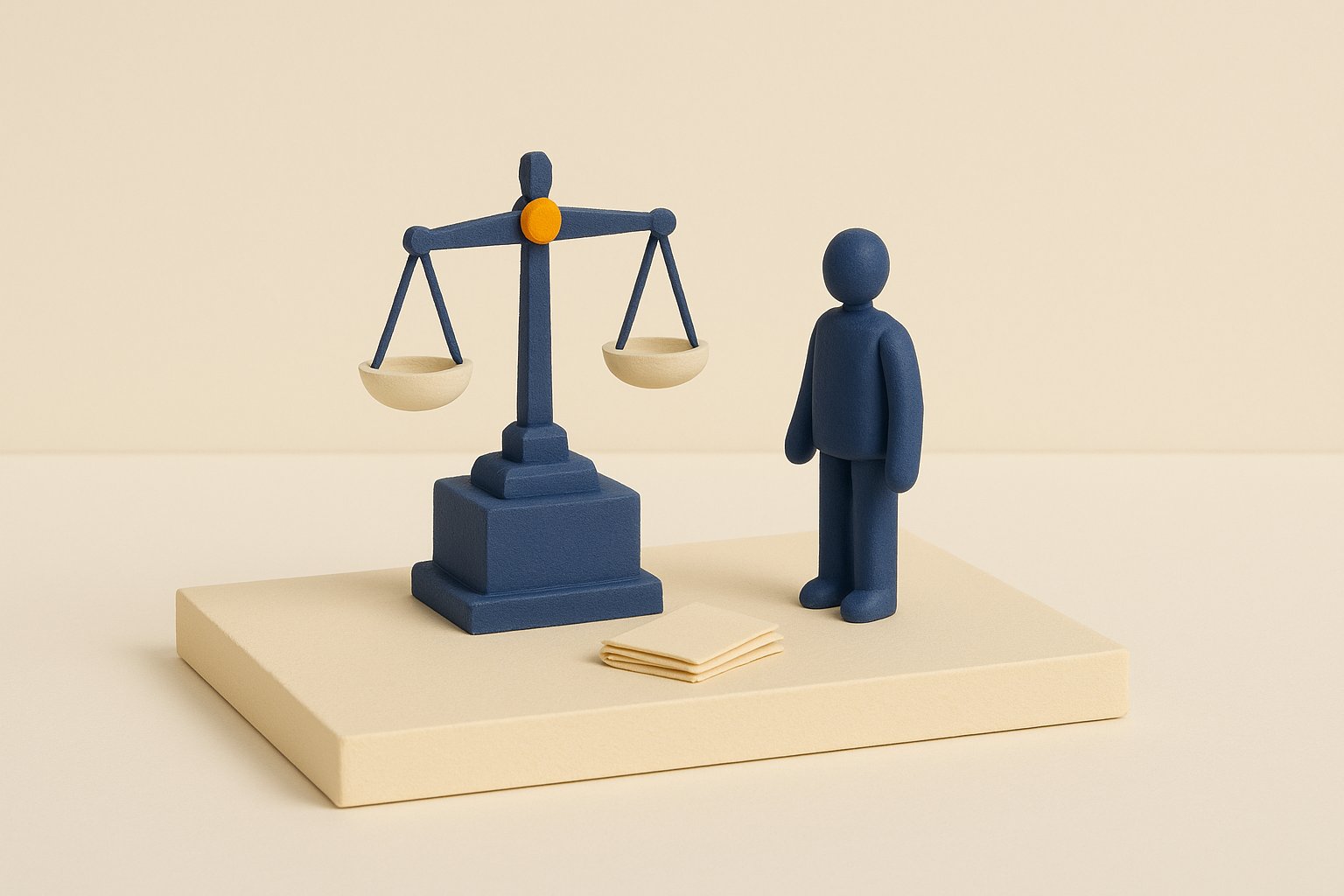 Maquette diorama d'une balance de justice indigo sur un socle avec des dossiers miniatures, illustration d'un avocat specialise en credit a la consommation