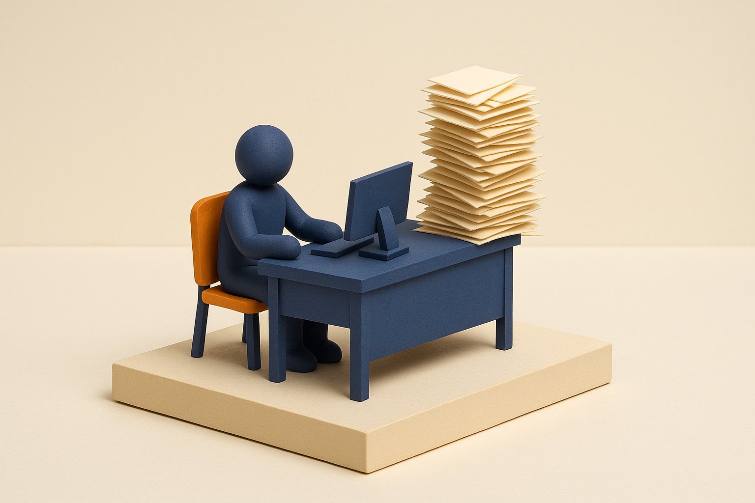 Diorama miniature : figurine stylisée à un bureau face à une pile de courriers et de mises en demeure