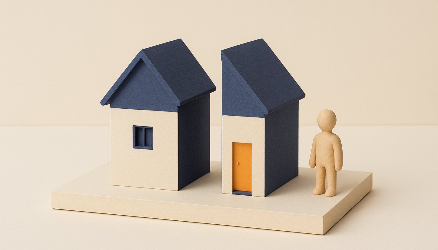 Maquette diorama d'une maison coupee en deux moities separables sur un socle, credit immobilier paye seul apres separation