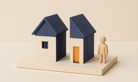 Maquette diorama d'une maison coupee en deux moities separables sur un socle, credit immobilier paye seul apres separation