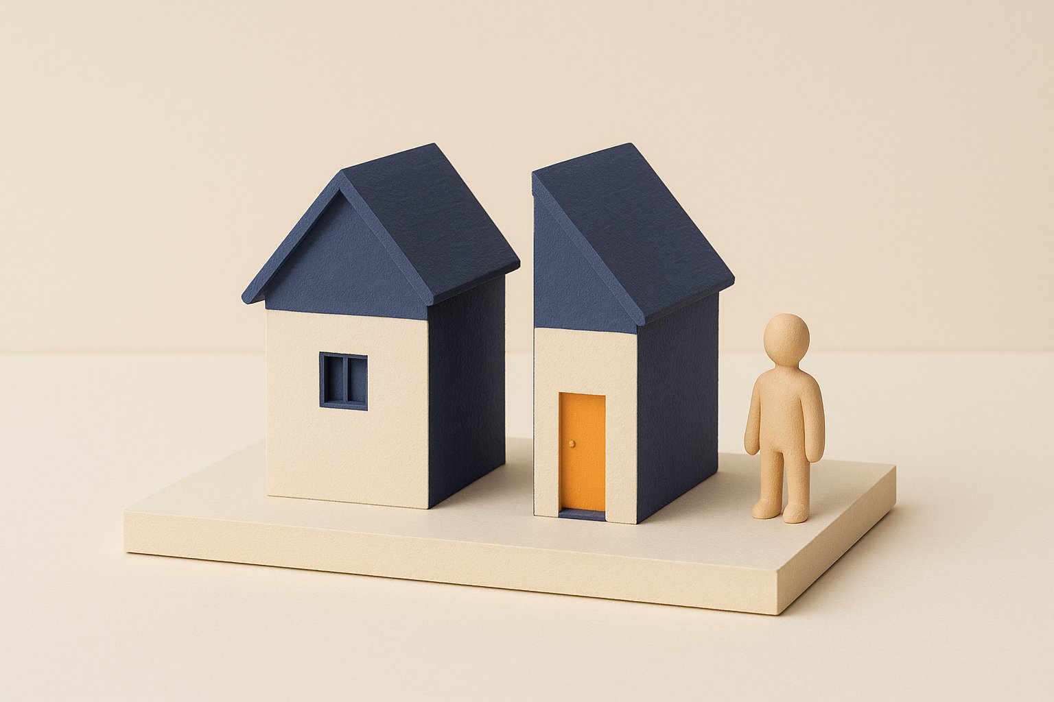 Maquette diorama d'une maison coupee en deux moities separables sur un socle, credit immobilier paye seul apres separation