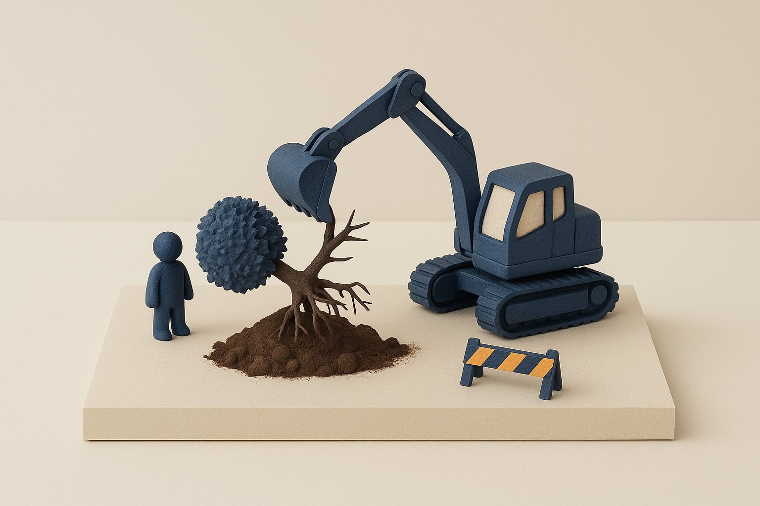 Mini-pelle miniature arrachant une haie avec ses racines, travaux exclus du crédit d'impôt