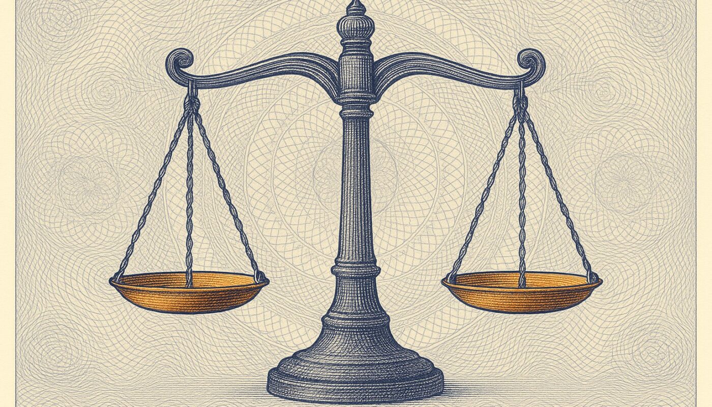 Gravure taille-douce d'une balance de la justice, style billet de banque indigo et orange, avocat crédit consommation