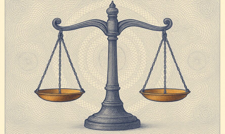 Gravure taille-douce d'une balance de la justice, style billet de banque indigo et orange, avocat crédit consommation