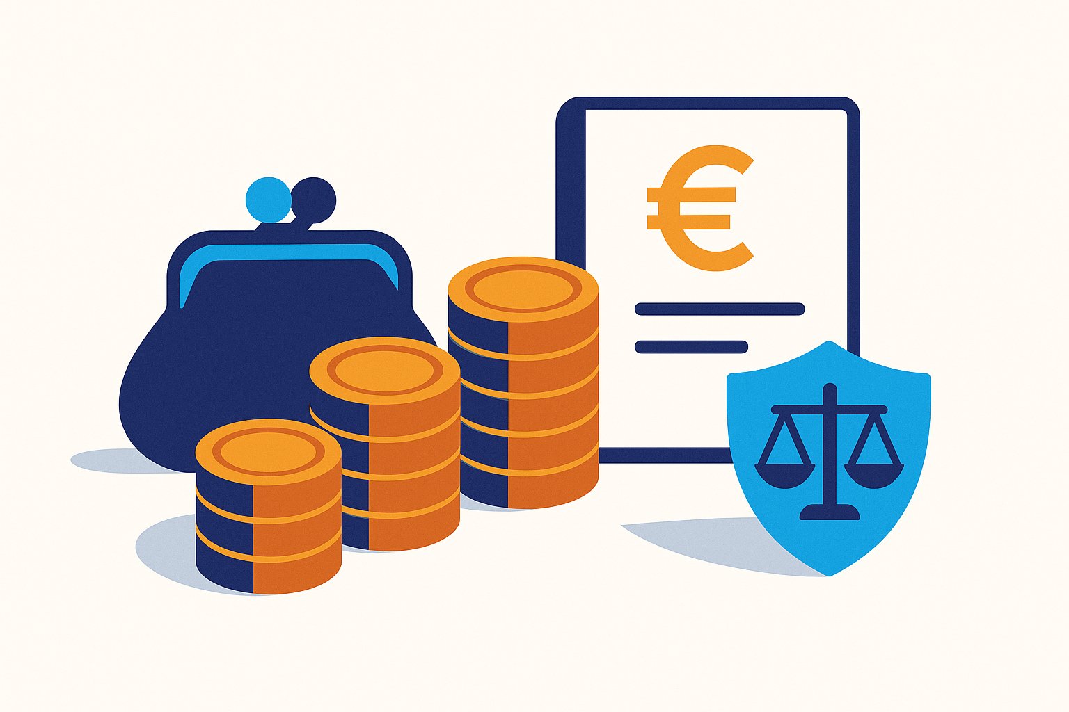 Illustration du coût d'un avocat : pièces de monnaie, convention d'honoraires et protection juridique
